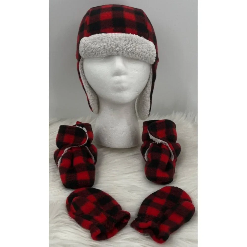 Hudson Baby 18/24 Mos Buffalo Check Plaid Aviator Trapper Hat Mitten Bootie Set